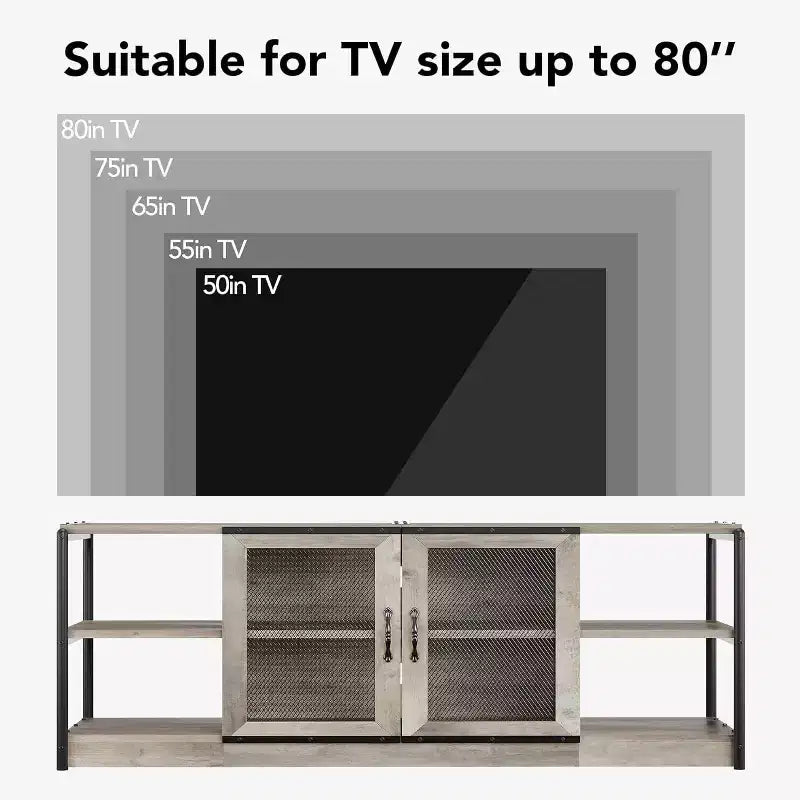 Meuble TV de style industriel/fermier - Meuble multimédia de 65 po et plus avec portes grillagées et étagères ouvertes pour salon