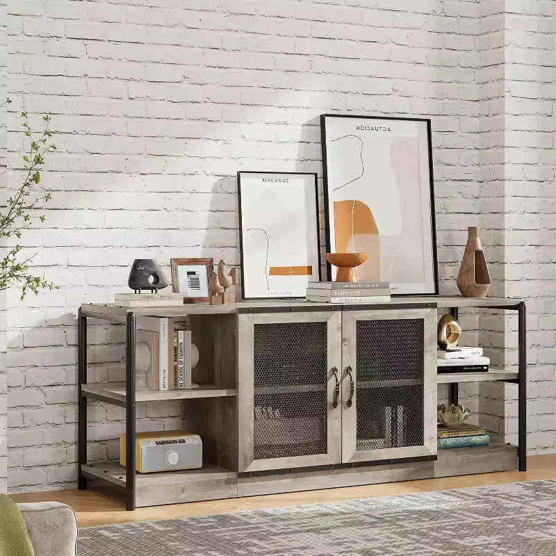 Meuble TV de style industriel/fermier - Meuble multimédia de 65 po et plus avec portes grillagées et étagères ouvertes pour salon