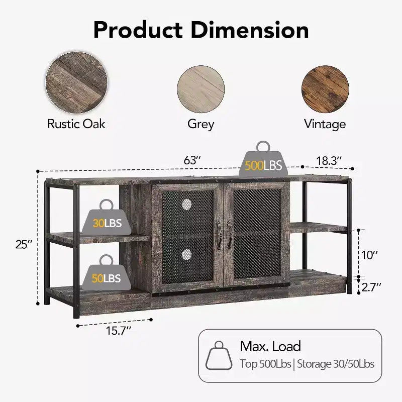 Meuble TV de style industriel/fermier - Meuble multimédia de 65 po et plus avec portes grillagées et étagères ouvertes pour salon
