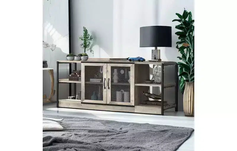 Meuble TV de style industriel/fermier - Meuble multimédia de 65 po et plus avec portes grillagées et étagères ouvertes pour salon