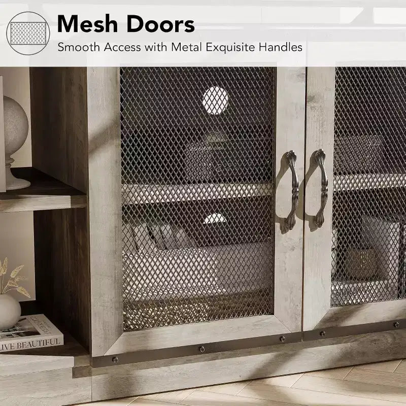 Meuble TV de style industriel/fermier - Meuble multimédia de 65 po et plus avec portes grillagées et étagères ouvertes pour salon