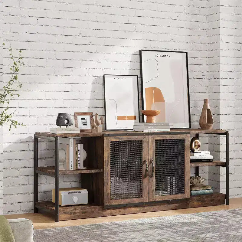 Meuble TV de style industriel/fermier - Meuble multimédia de 65 po et plus avec portes grillagées et étagères ouvertes pour salon