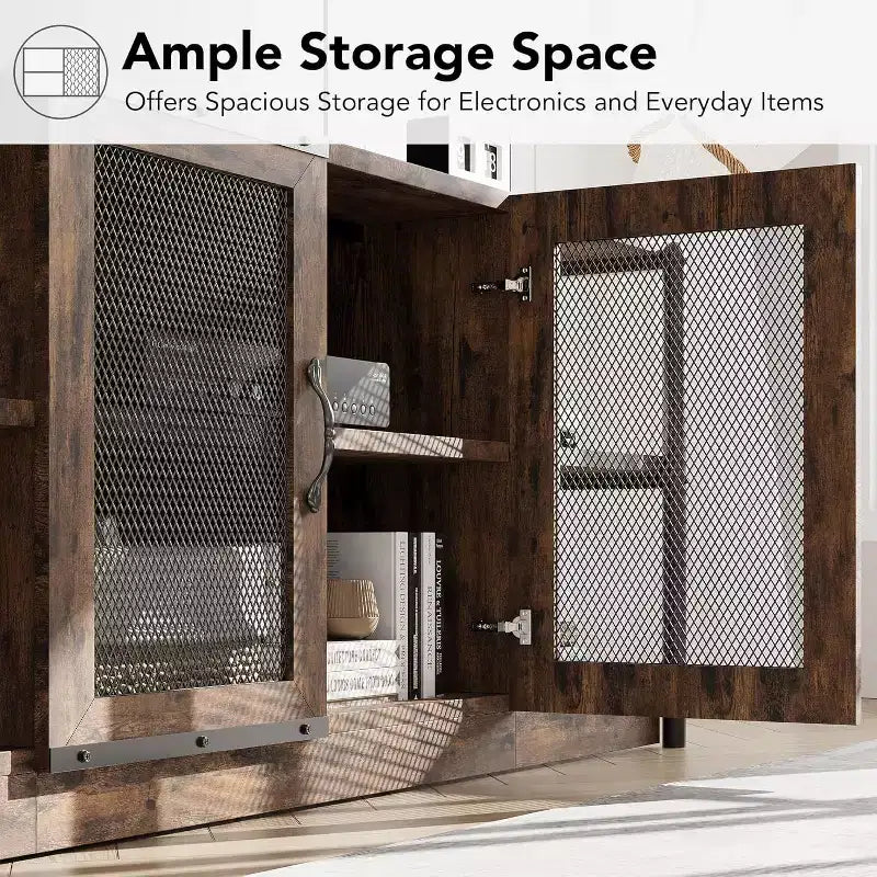 Meuble TV de style industriel/fermier - Meuble multimédia de 65 po et plus avec portes grillagées et étagères ouvertes pour salon