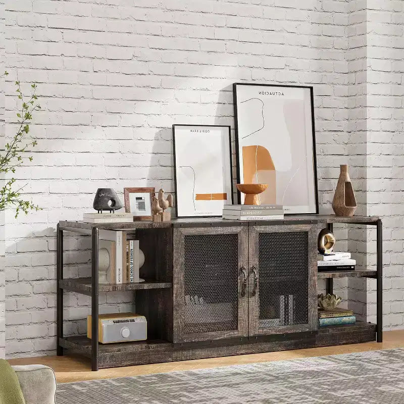 Meuble TV de style industriel/fermier - Meuble multimédia de 65 po et plus avec portes grillagées et étagères ouvertes pour salon