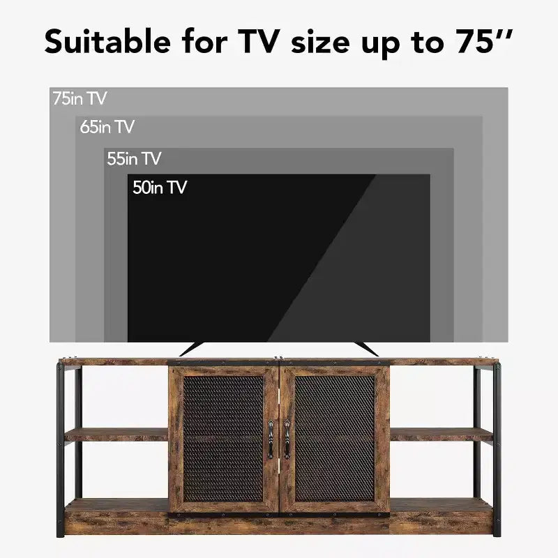 Meuble TV de style industriel/fermier - Meuble multimédia de 65 po et plus avec portes grillagées et étagères ouvertes pour salon