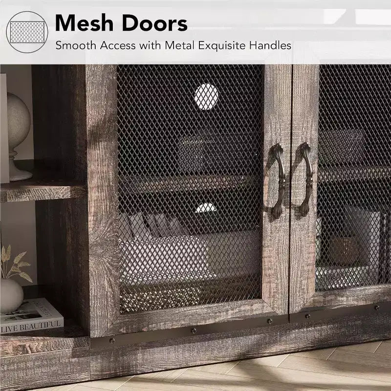 Meuble TV de style industriel/fermier - Meuble multimédia de 65 po et plus avec portes grillagées et étagères ouvertes pour salon