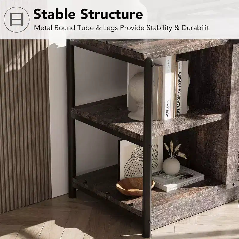 Meuble TV de style industriel/fermier - Meuble multimédia de 65 po et plus avec portes grillagées et étagères ouvertes pour salon