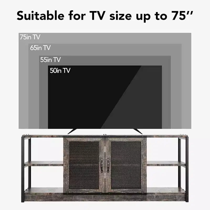 Meuble TV de style industriel/fermier - Meuble multimédia de 65 po et plus avec portes grillagées et étagères ouvertes pour salon