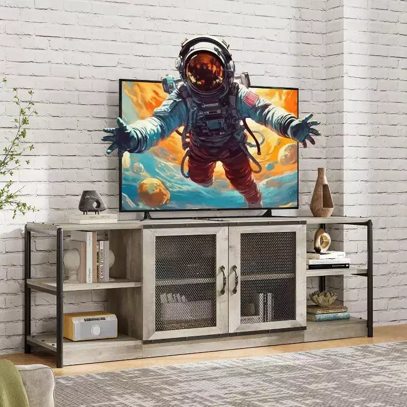 Industrial Farmhouse TV Console - 65+ Media Stand with Mesh Doors & Open Shelves for Living Room