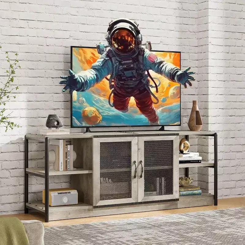 Industrial Farmhouse TV Console - 65+ Media Stand with Mesh Doors & Open Shelves for Living Room