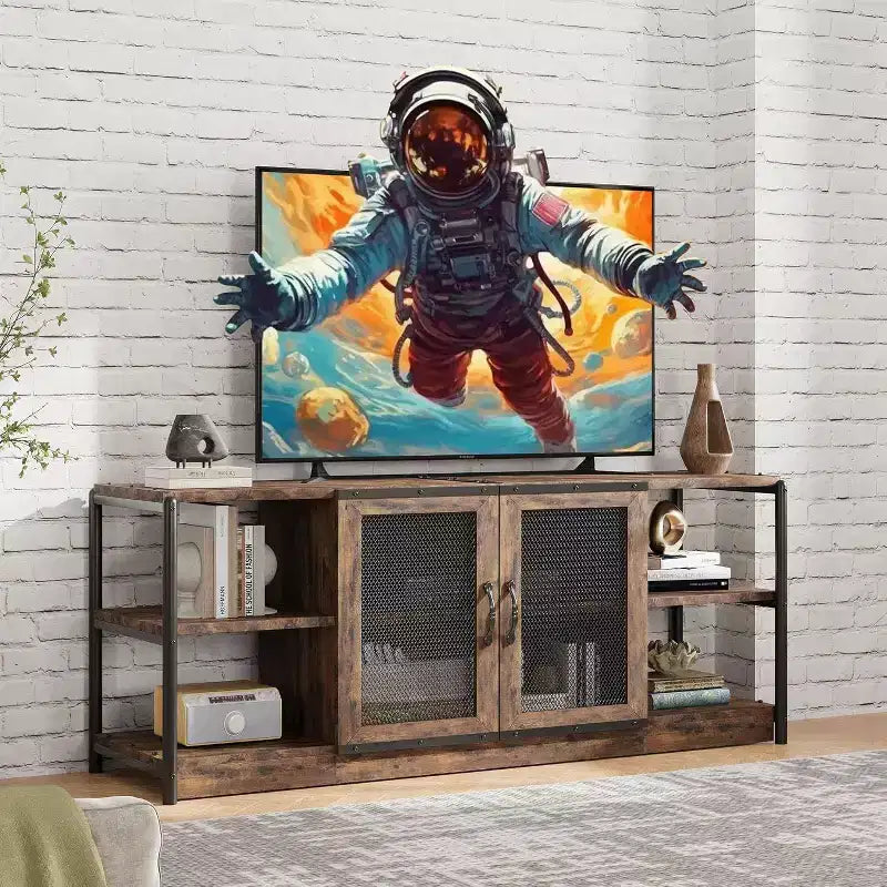 Industrial Farmhouse TV Console - 65+ Media Stand with Mesh Doors & Open Shelves for Living Room