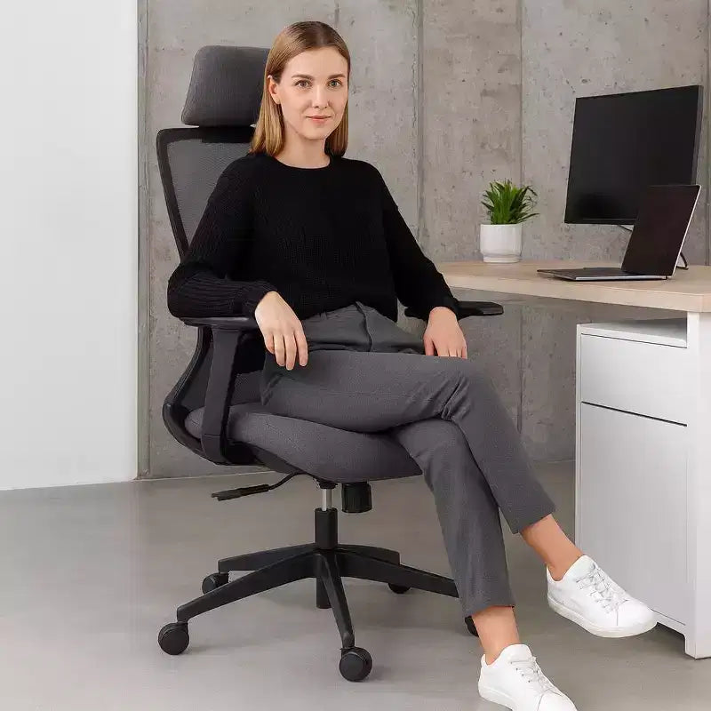 Chaise d'ordinateur à dossier haut, Chaise de bureau avec appuie-tête et roulettes, Chaise de bureau en maille pour bureau, étude, salle de lecture