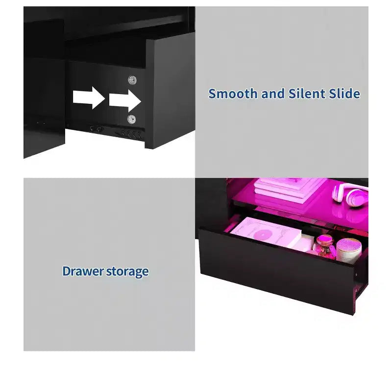 Table basse moderne pour salon, table basse LED laquée avec 2 tiroirs coulissants et étagère latérale ouverte, en bois