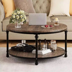 Table basse ronde pour salon, table centrale rustique avec étagère de rangement, table basse circulaire en bois avec pieds en métal robustes