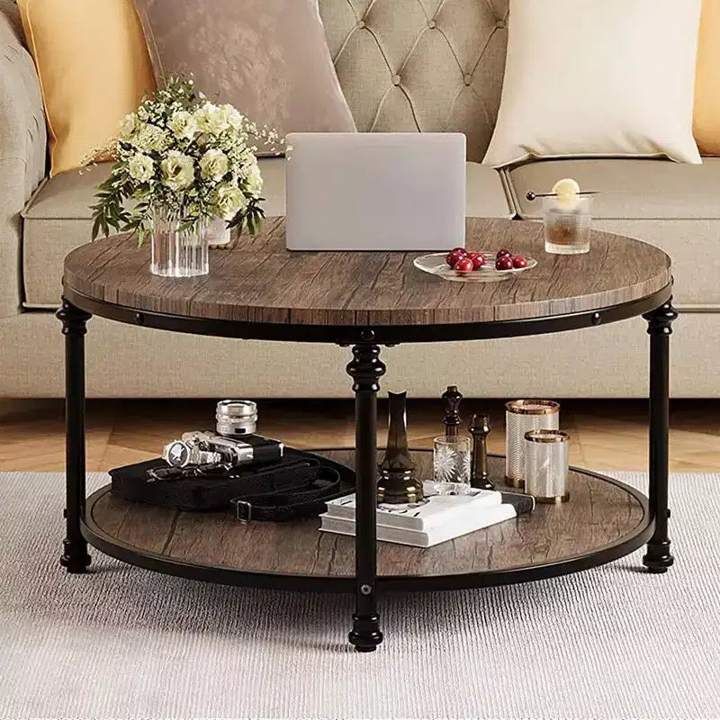 Table basse ronde pour salon, table centrale rustique avec étagère de rangement, table basse circulaire en bois avec pieds en métal robustes