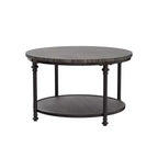 Table basse ronde pour salon, table centrale rustique avec étagère de rangement, table basse circulaire en bois avec pieds en métal robustes