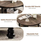 Table basse ronde pour salon, table centrale rustique avec étagère de rangement, table basse circulaire en bois avec pieds en métal robustes