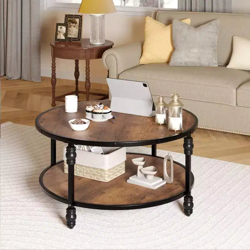 Table basse ronde pour salon, table centrale rustique avec étagère de rangement, table basse circulaire en bois avec pieds en métal robustes