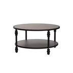 Table basse ronde pour salon, table centrale rustique avec étagère de rangement, table basse circulaire en bois avec pieds en métal robustes