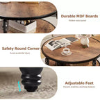 Table basse ronde pour salon, table centrale rustique avec étagère de rangement, table basse circulaire en bois avec pieds en métal robustes