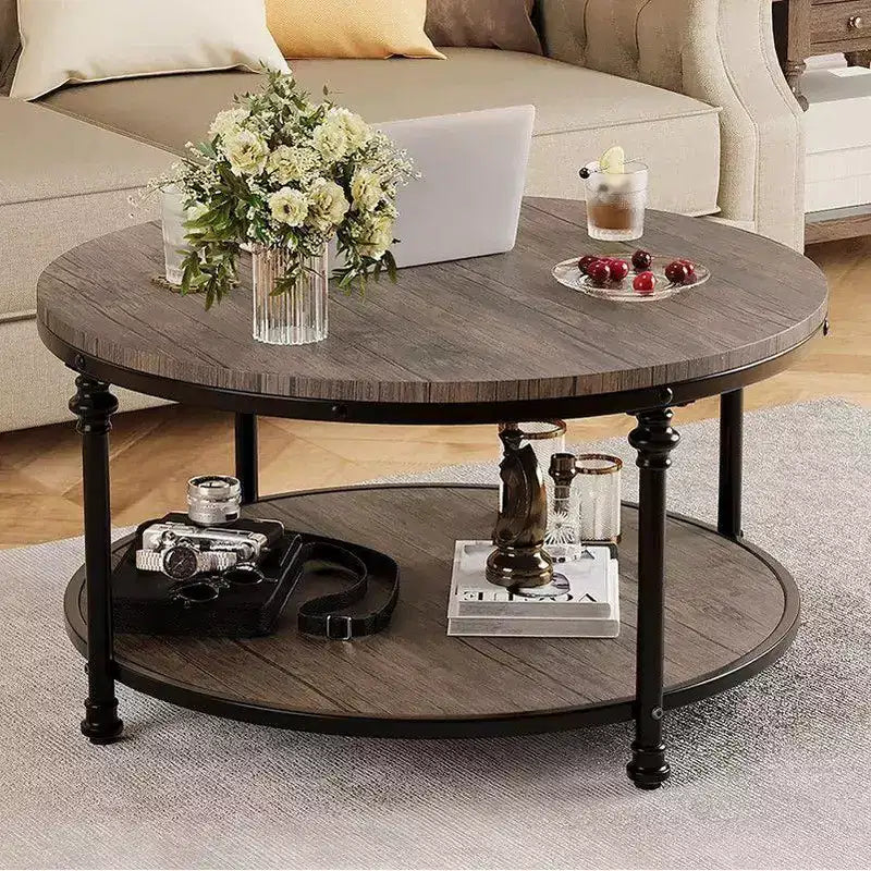 Round Coffee Table for Living Room Rustic Center Table with Storage Shelf Wood Circle Coffee Table with Sturdy Metal Legs