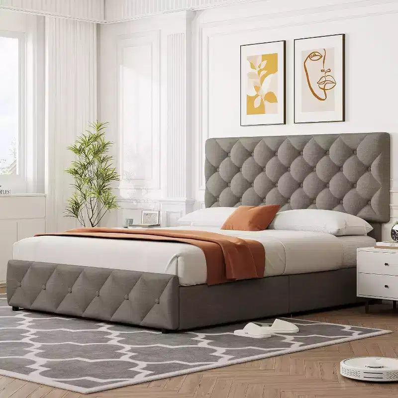Queen Platform Bed Frame with 4 Storage Drawers, Adjustable Padded Headboard, Diamond Button Tufted Upholstery, No Box Spring Required, Gray