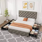 Queen Platform Bed Frame with 4 Storage Drawers, Adjustable Padded Headboard, Diamond Button Tufted Upholstery, No Box Spring Required, Gray