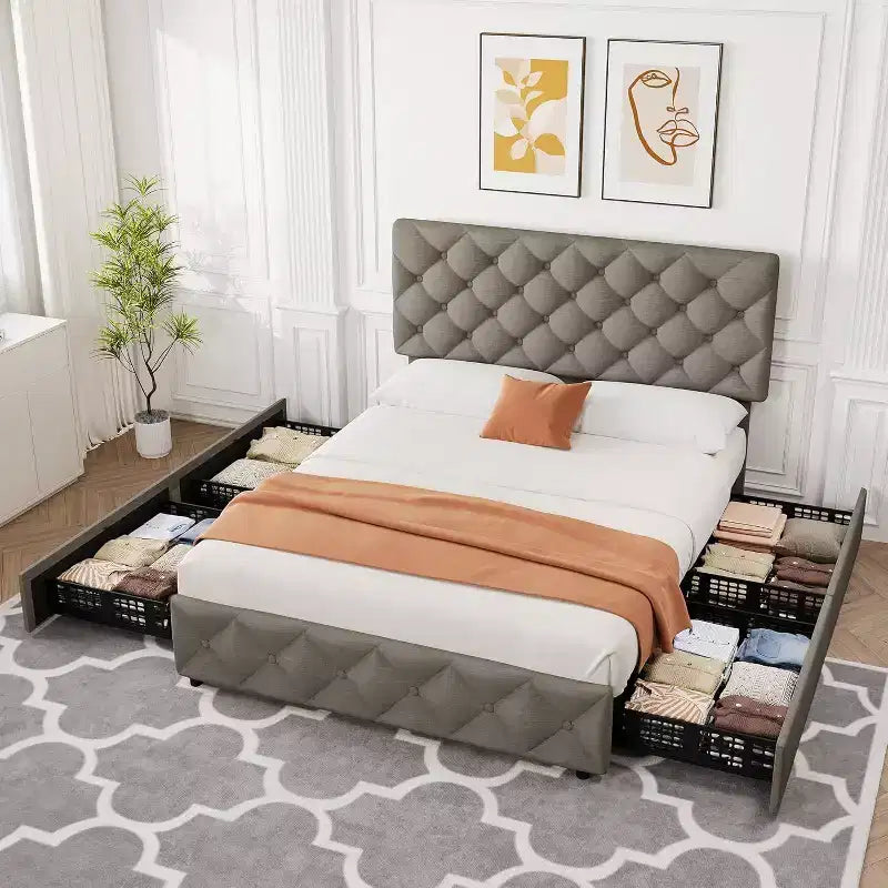Queen Platform Bed Frame with 4 Storage Drawers, Adjustable Padded Headboard, Diamond Button Tufted Upholstery, No Box Spring Required, Gray