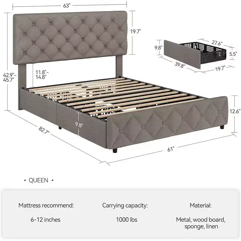 Queen Platform Bed Frame with 4 Storage Drawers, Adjustable Padded Headboard, Diamond Button Tufted Upholstery, No Box Spring Required, Gray
