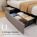 Queen Platform Bed Frame with 4 Storage Drawers, Adjustable Padded Headboard, Diamond Button Tufted Upholstery, No Box Spring Required, Gray