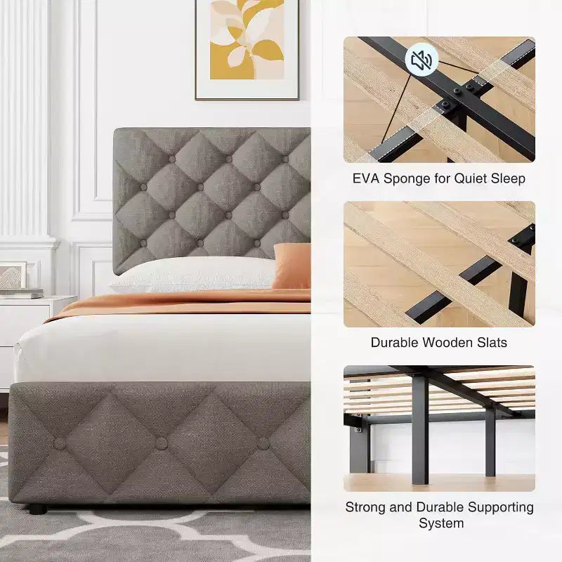 Queen Platform Bed Frame with 4 Storage Drawers, Adjustable Padded Headboard, Diamond Button Tufted Upholstery, No Box Spring Required, Gray
