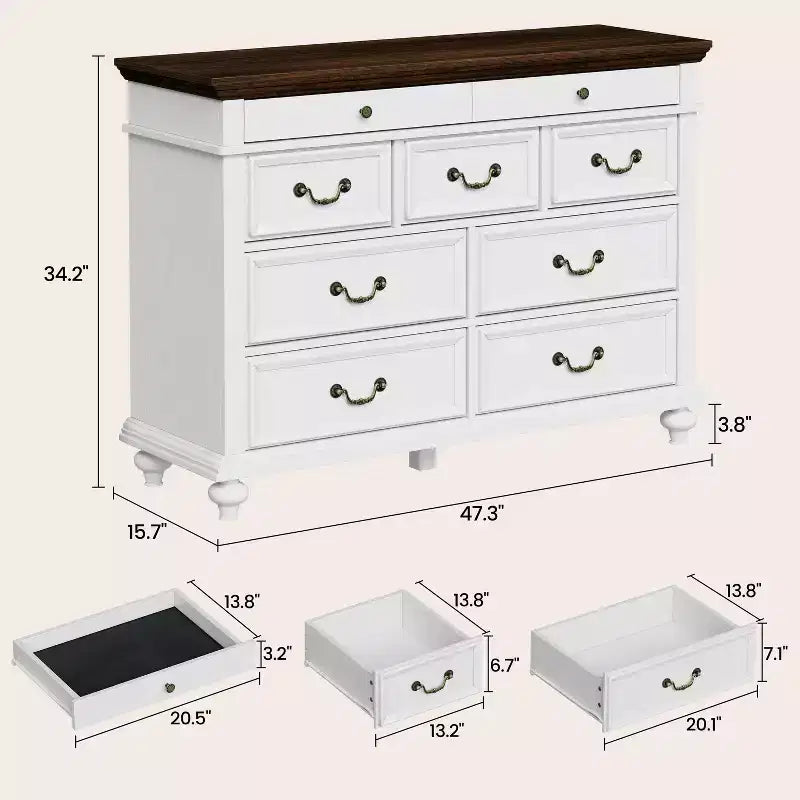 47 Wide Farmhouse 9-Drawer Dresser, Rustic Wood Chest of Drawers for Bedroom & Living Room