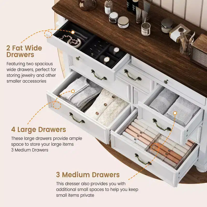 47 Wide Farmhouse 9-Drawer Dresser, Rustic Wood Chest of Drawers for Bedroom & Living Room