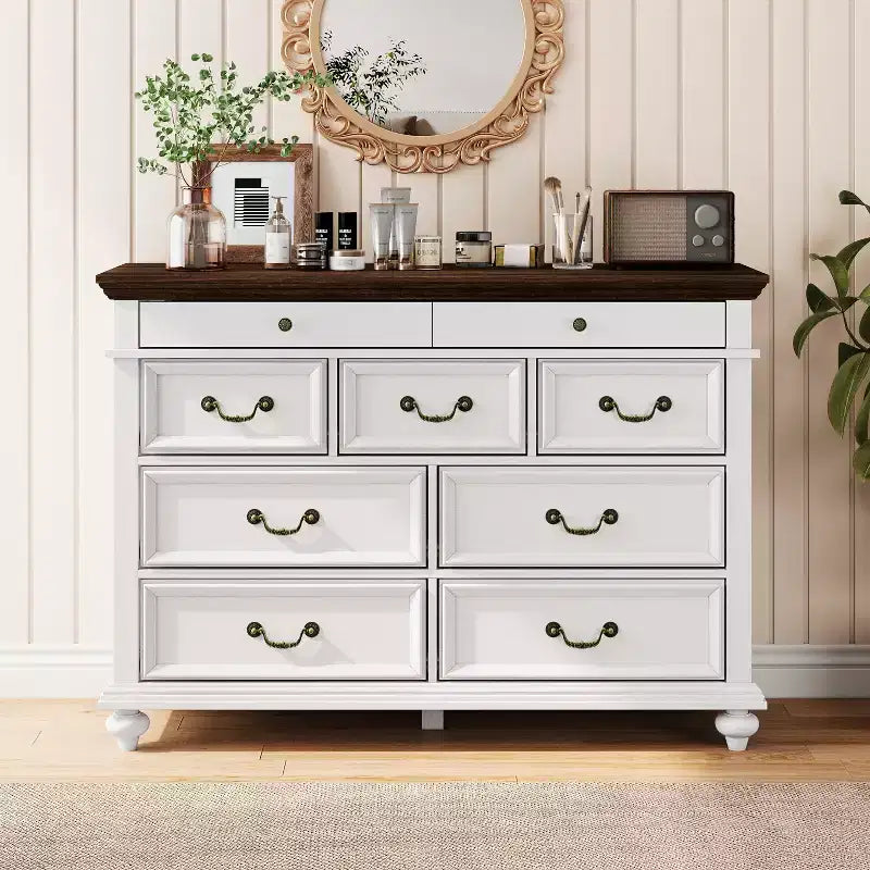 47 Wide Farmhouse 9-Drawer Dresser, Rustic Wood Chest of Drawers for Bedroom & Living Room