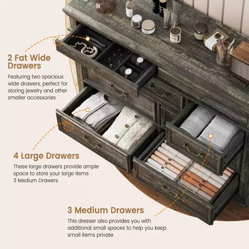 47 Wide Farmhouse 9-Drawer Dresser, Rustic Wood Chest of Drawers for Bedroom & Living Room