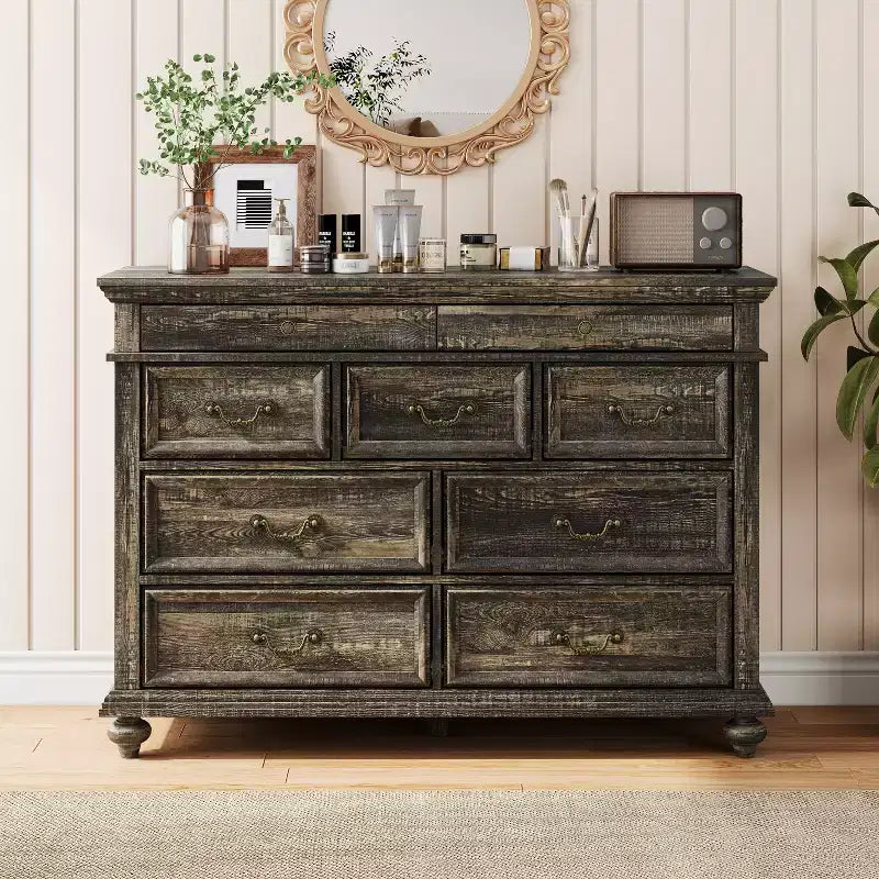 47 Wide Farmhouse 9-Drawer Dresser, Rustic Wood Chest of Drawers for Bedroom & Living Room
