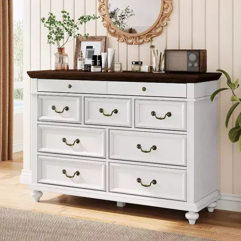 47 Wide Farmhouse 9-Drawer Dresser, Rustic Wood Chest of Drawers for Bedroom & Living Room