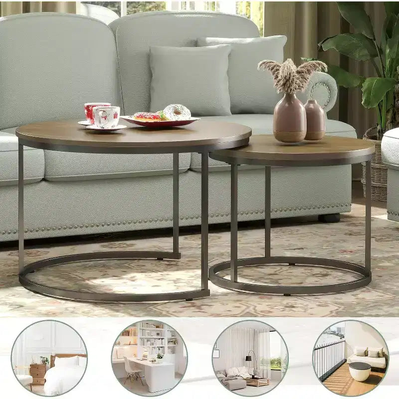 Zevemomo Lot de 2 tables basses gigognes, table basse en bois marron de 70,1 cm avec plateau à motif marbre et cadre en métal robuste, pour salon, chambre, terrasse, jardin