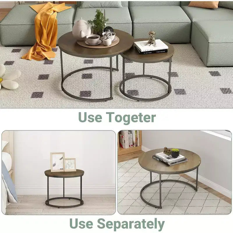Zevemomo Lot de 2 tables basses gigognes, table basse en bois marron de 70,1 cm avec plateau à motif marbre et cadre en métal robuste, pour salon, chambre, terrasse, jardin