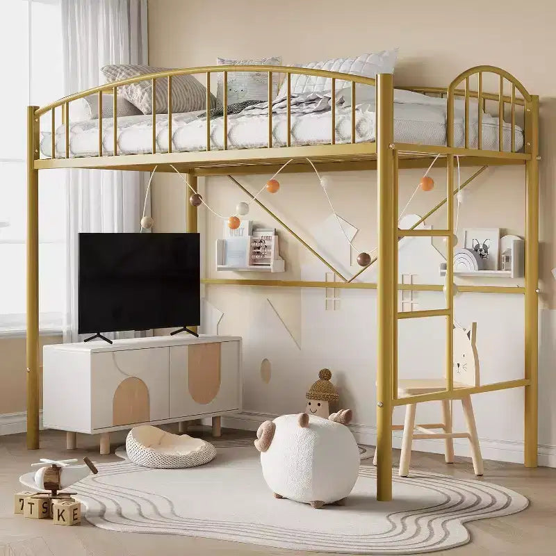 Twin Size Loft Bed with Stairs & Arched Guardrail - Sturdy Metal Slats, Space Saving, Noise Free, No Box Spring, Ideal for Kid Room & Dorm, Black