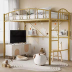 Twin Size Loft Bed with Stairs & Arched Guardrail - Sturdy Metal Slats, Space Saving, Noise Free, No Box Spring, Ideal for Kid Room & Dorm, Black