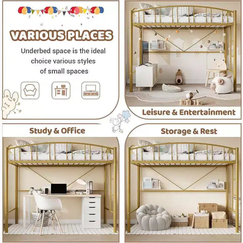 Twin Size Loft Bed with Stairs & Arched Guardrail - Sturdy Metal Slats, Space Saving, Noise Free, No Box Spring, Ideal for Kid Room & Dorm, Black