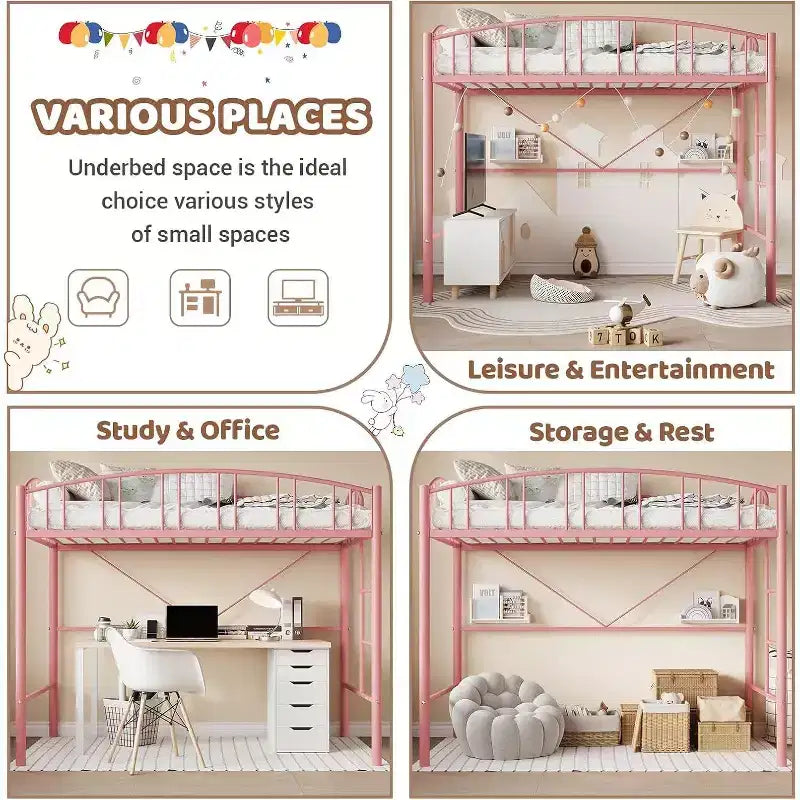 Twin Size Loft Bed with Stairs & Arched Guardrail - Sturdy Metal Slats, Space Saving, Noise Free, No Box Spring, Ideal for Kid Room & Dorm, Black