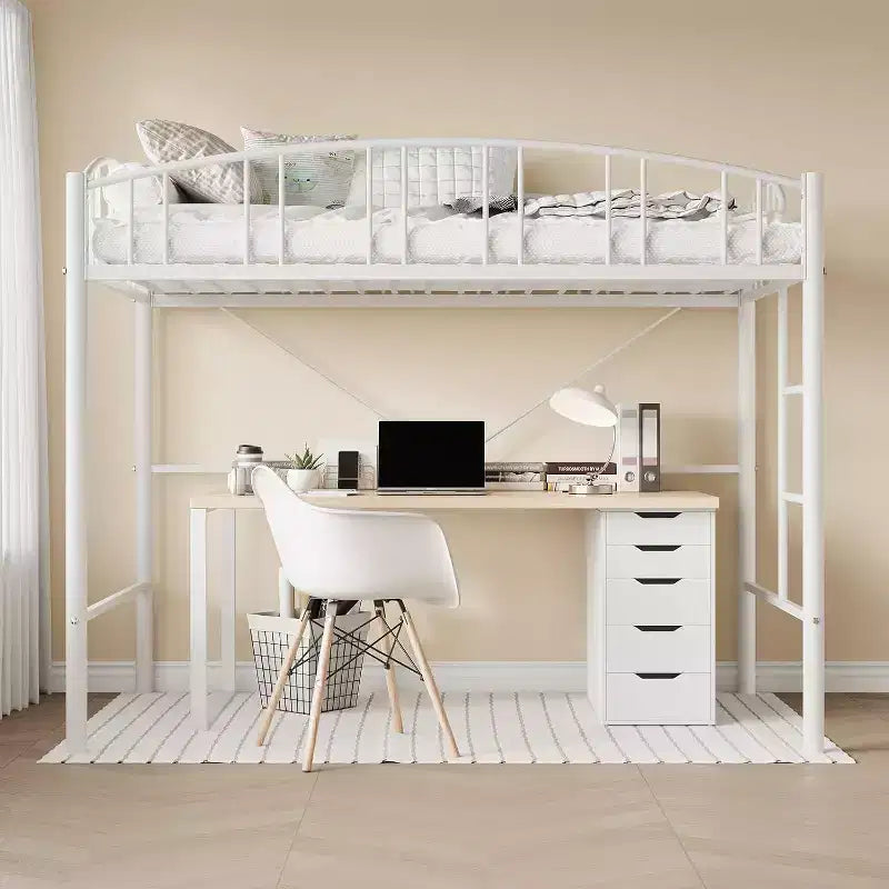 Twin Size Loft Bed with Stairs & Arched Guardrail - Sturdy Metal Slats, Space Saving, Noise Free, No Box Spring, Ideal for Kid Room & Dorm, Black