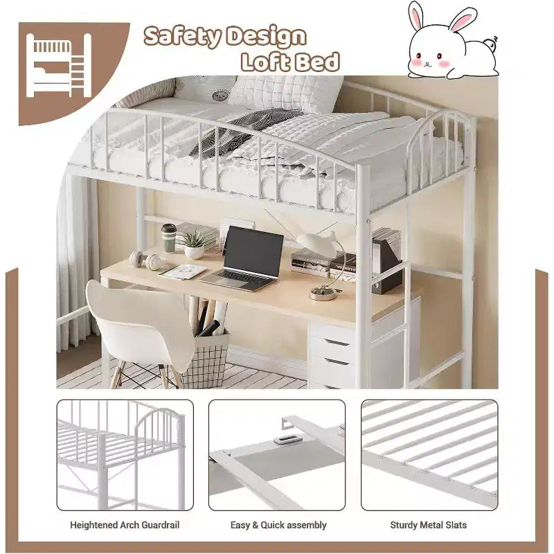 Twin Size Loft Bed with Stairs & Arched Guardrail - Sturdy Metal Slats, Space Saving, Noise Free, No Box Spring, Ideal for Kid Room & Dorm, Black