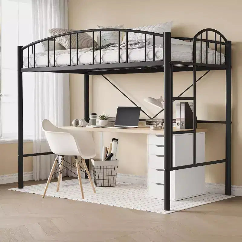 Twin Size Loft Bed with Stairs & Arched Guardrail - Sturdy Metal Slats, Space Saving, Noise Free, No Box Spring, Ideal for Kid Room & Dorm, Black