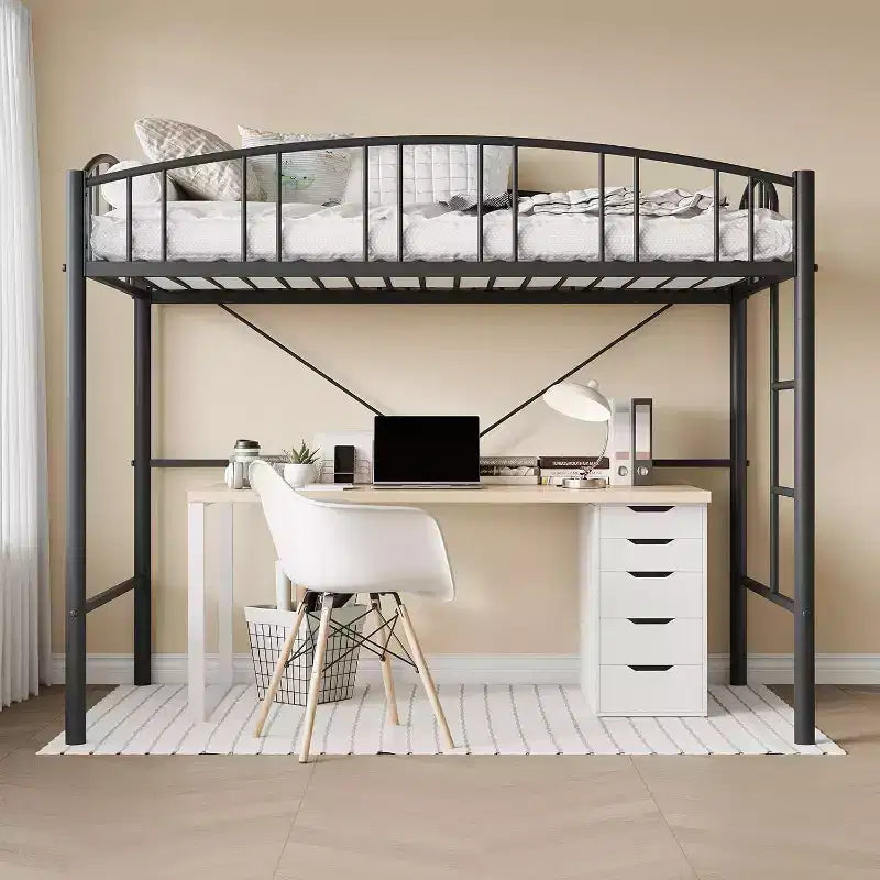 Twin Size Loft Bed with Stairs & Arched Guardrail - Sturdy Metal Slats, Space Saving, Noise Free, No Box Spring, Ideal for Kid Room & Dorm, Black
