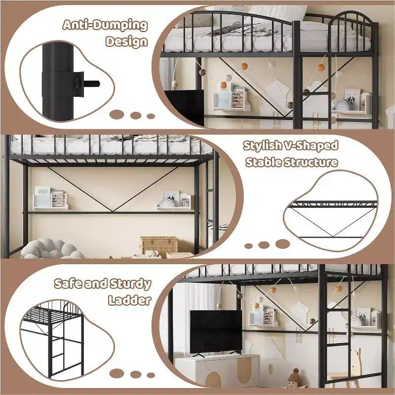 Twin Size Loft Bed with Stairs & Arched Guardrail - Sturdy Metal Slats, Space Saving, Noise Free, No Box Spring, Ideal for Kid Room & Dorm, Black