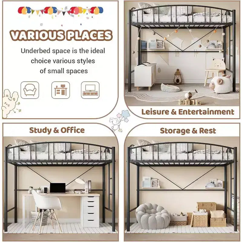 Twin Size Loft Bed with Stairs & Arched Guardrail - Sturdy Metal Slats, Space Saving, Noise Free, No Box Spring, Ideal for Kid Room & Dorm, Black