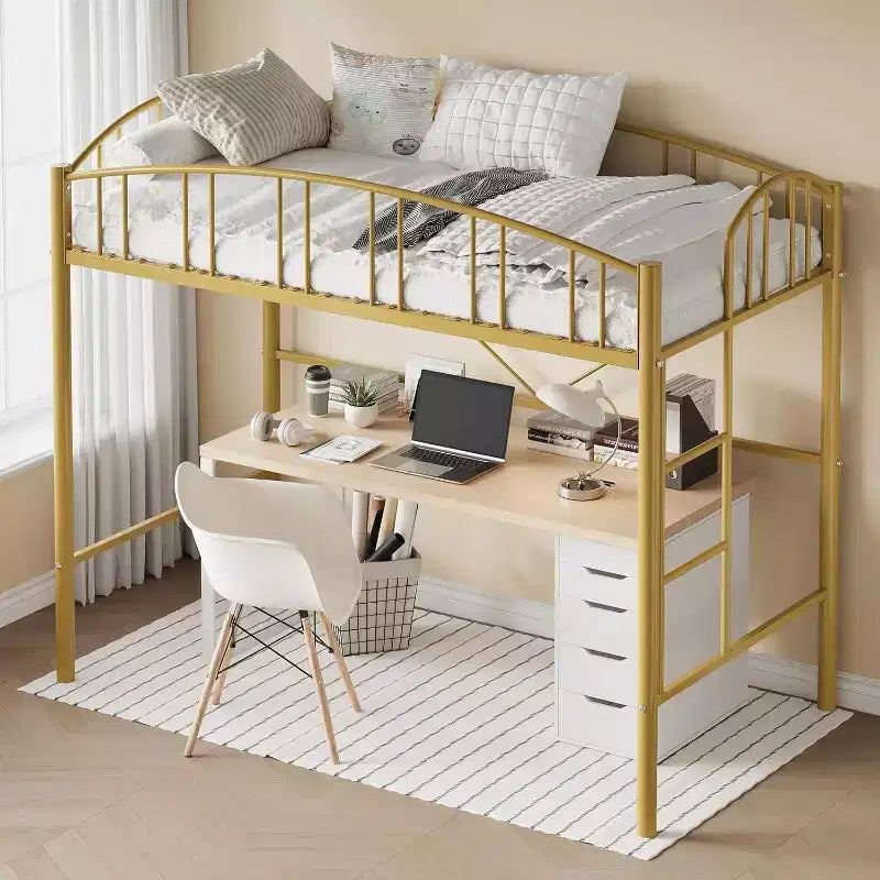 Twin Size Loft Bed with Stairs & Arched Guardrail - Sturdy Metal Slats, Space Saving, Noise Free, No Box Spring, Ideal for Kid Room & Dorm, Black